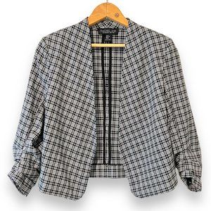 Rachel Zoe Cropped Ruched 3/4 Sleeve Open Blazer Jacket XS Black White Plaid Pat